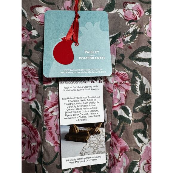 Paisley & Pomegranate Nila Rubia Hand-Block Floral Maxi Dress Taupe Pink LG - Picture 3 of 8